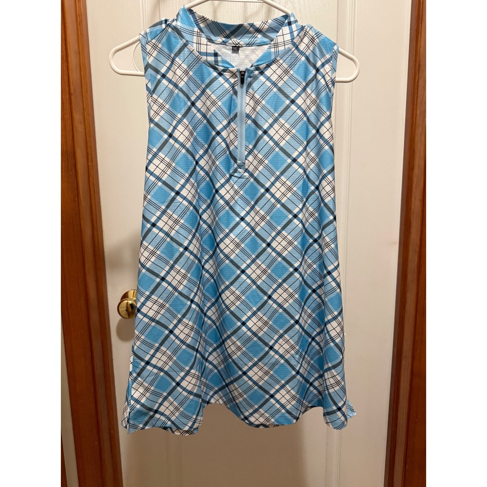 Soneven Womens Golf Polo Shirt Blue Plaid Sleeveless Racerback Quarter Zip 2XL